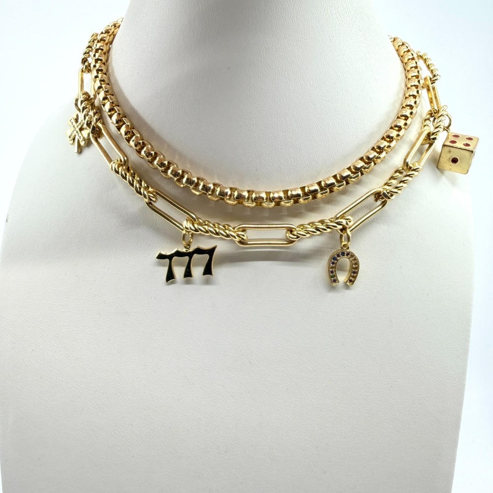 Vintage Y2K Gold Tone Layered Multi Chain Luck Charm Choker Necklace 777 Dice
